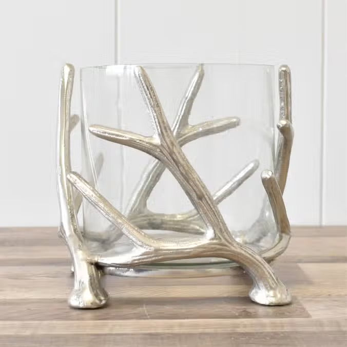 Antler Hurricane vase with metal and glass